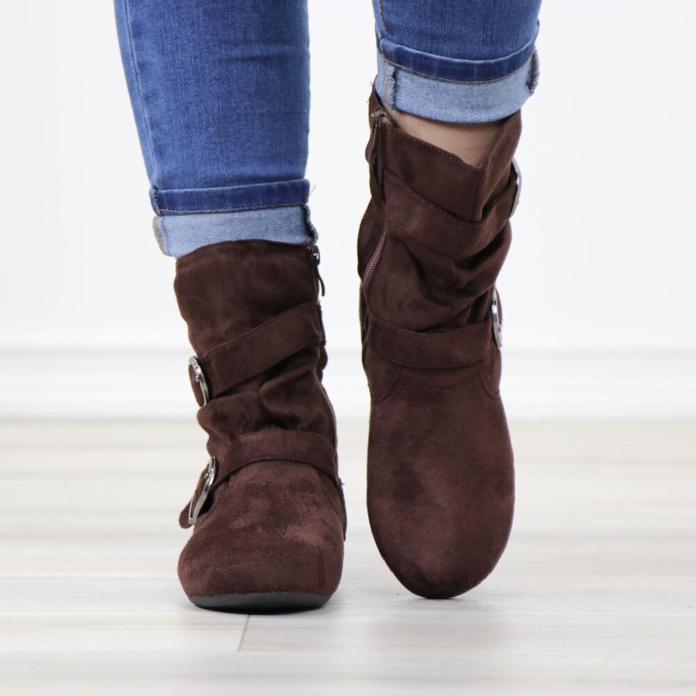 Brown Suede Buckle Boots  Flat Sole Slouchy Fit Everyday Fall Style - Picture 9 of 14